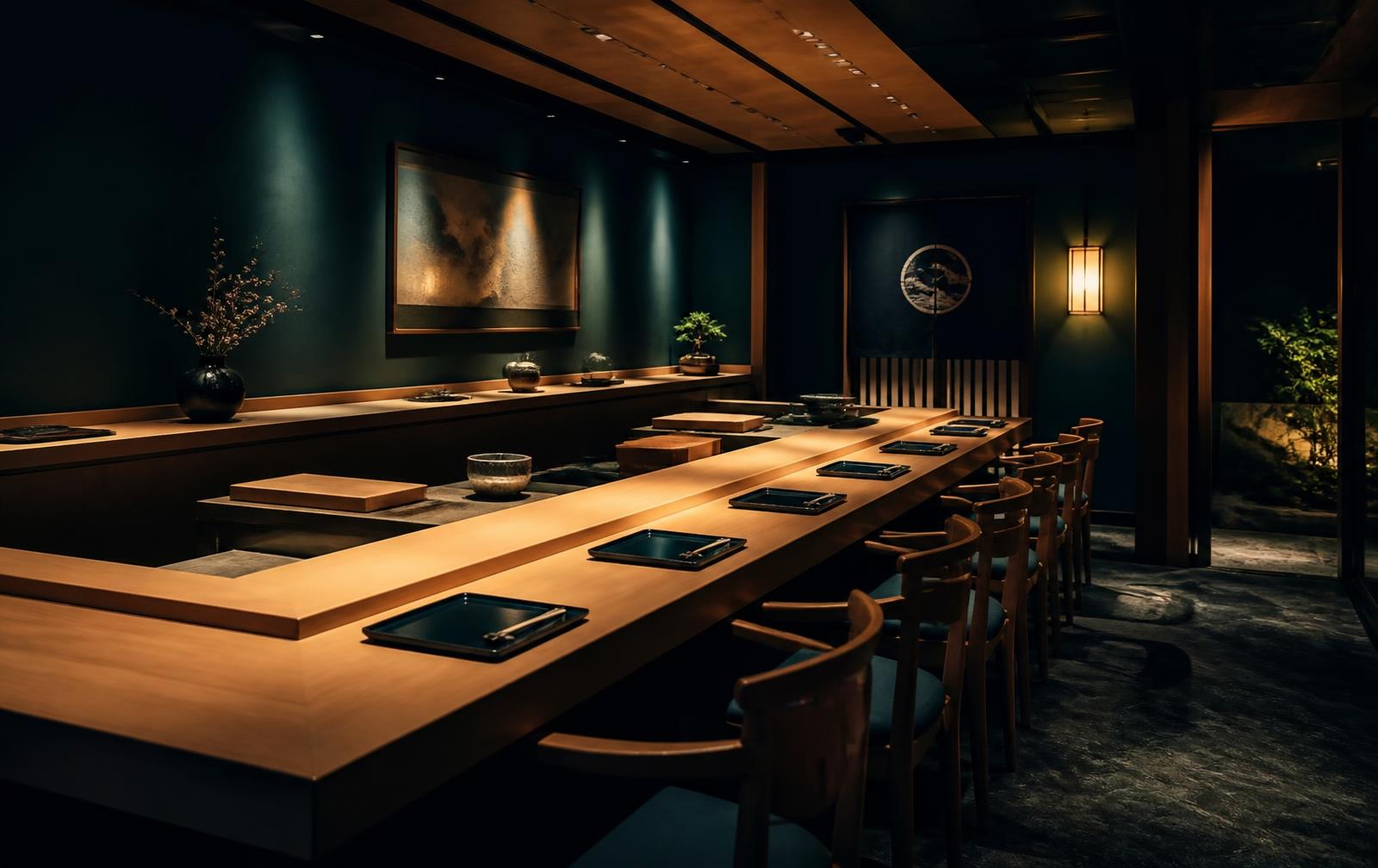 Candlelit hinoki counter inside Lost in Tokyo