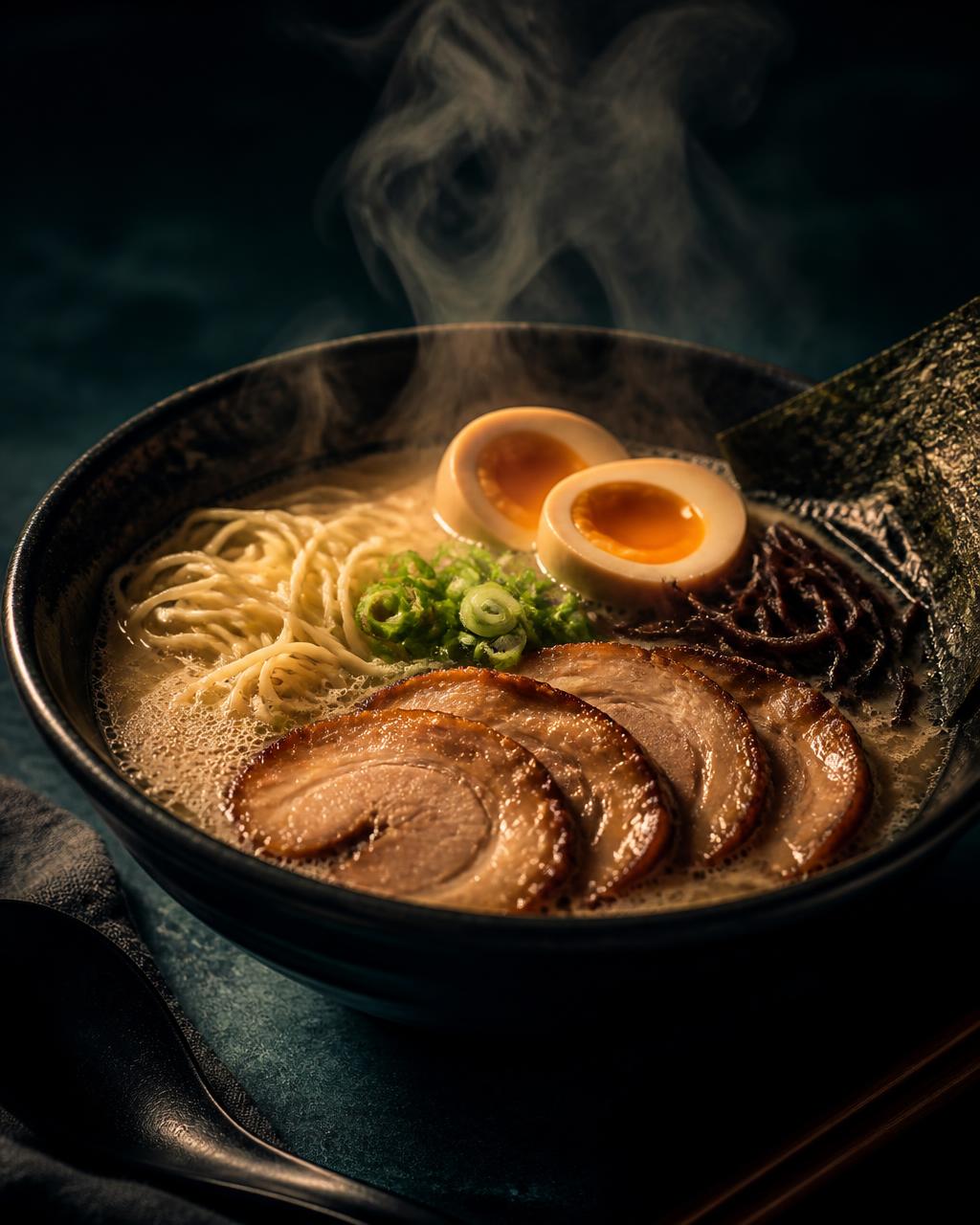 Steaming bowl of tonkotsu ramen