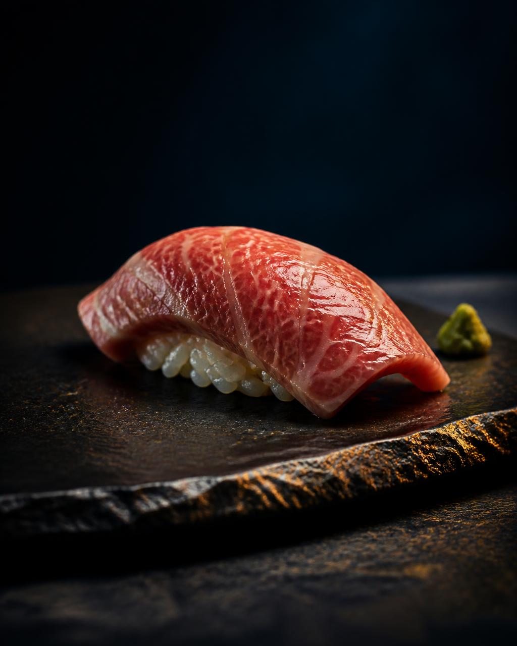 Otoro nigiri on a dark slate plate